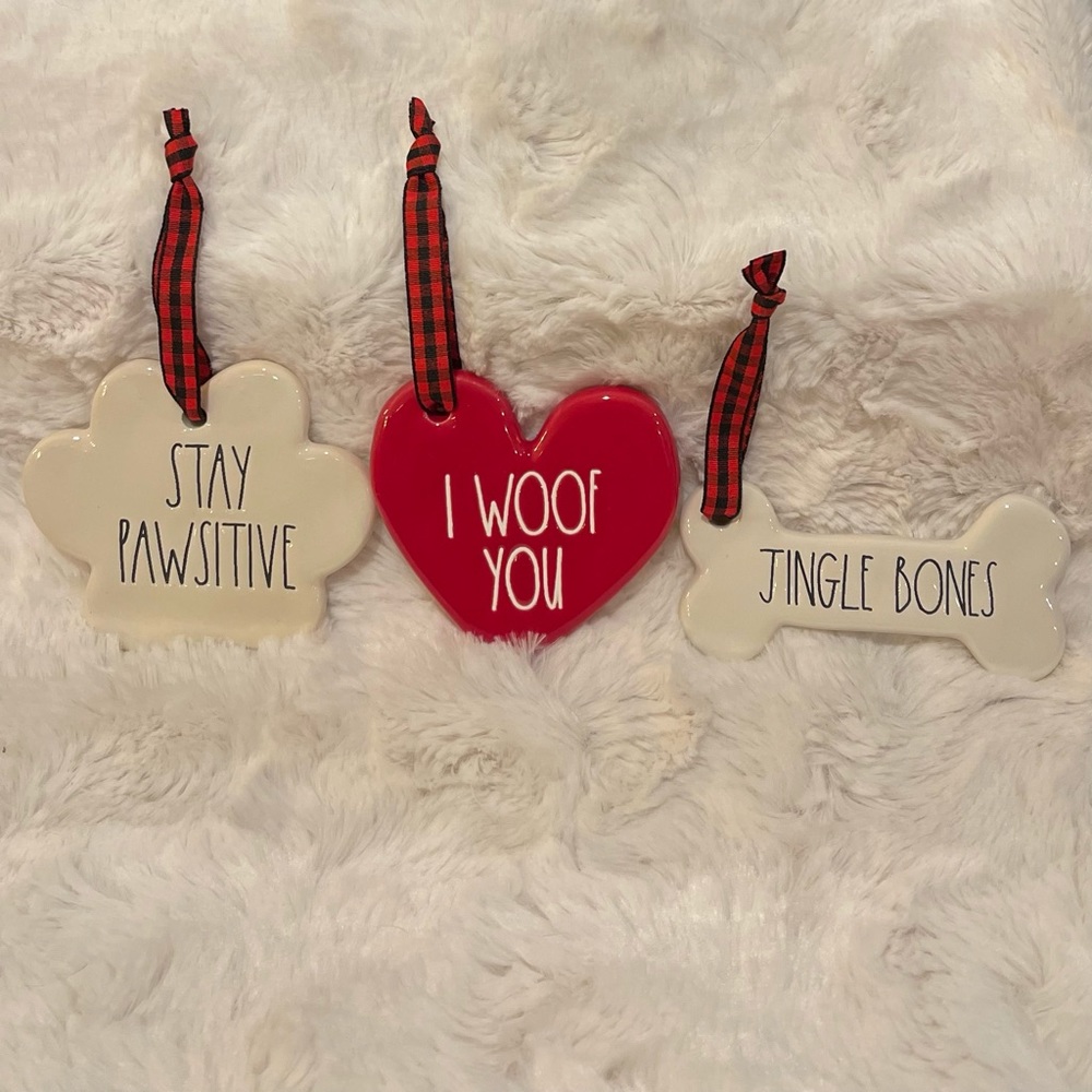 RAE DUNN "STAY PAWSITIVE, I WOOF YOU, JINGLE BONES” Christmas Ornament Set of 3